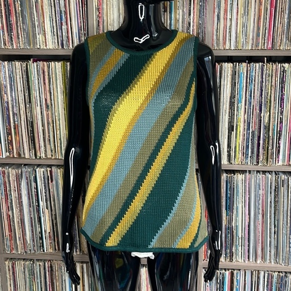Vintage Jackets & Blazers - Vintage Sweater Vest in Multicolored Diagonal Stripes Size Medium